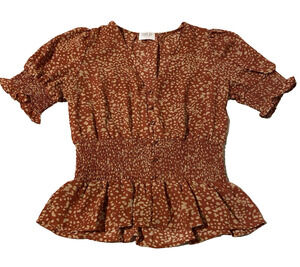 Sienna Sky Boho Blouse Womens Size Small Reddish Orange Spotted Flowy Office